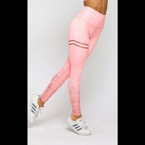 Pink High Waist Leggings With Gold Flake athletic Workout Yoga Tights Trousers - Picture 3 of 12